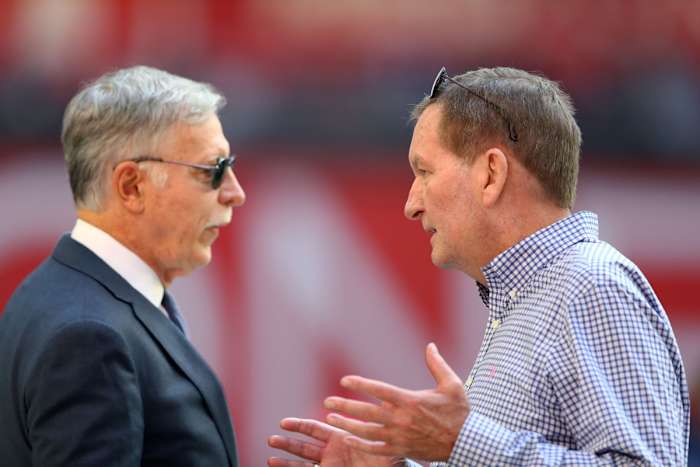 Dec 23, 2018; Glendale, AZ, USA; Los Angeles Rams owner Stan Kroenke (left) talks with Jim Fassel against the Arizona Cardinals at State Farm Stadium.